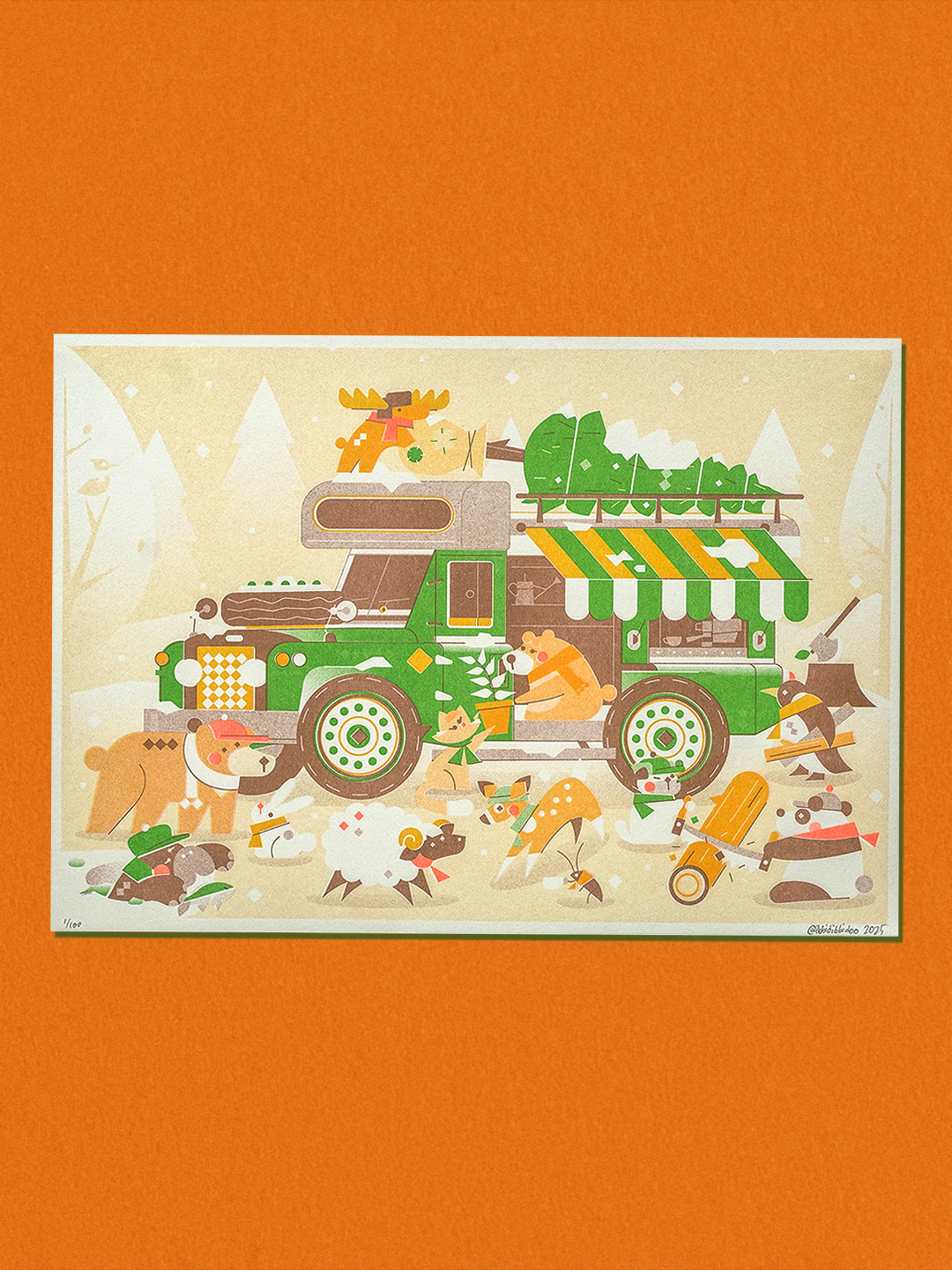 Winter Truck Friends Riso Print