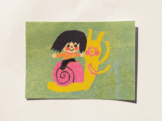 Happy Girl and Snail Riso Print